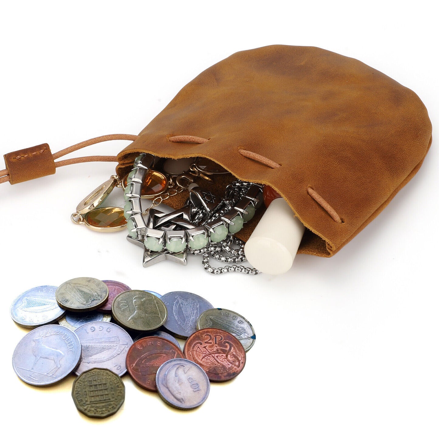 Leather Wallet Coin Pouch Case Drawstring String Bag Small Purse for Men Women